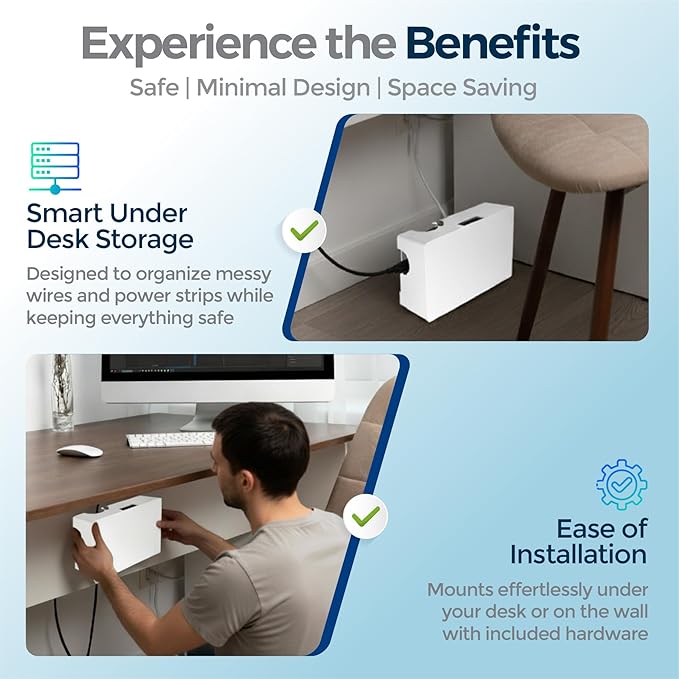 Cable Management Box with Included Mounting Hardware – ABS Cord Organizer (12,7 x 7,8 x 4,5 in) | Heat-Tolerant Power Strip & Cable Storage | Wall-Mountable or Floor Use