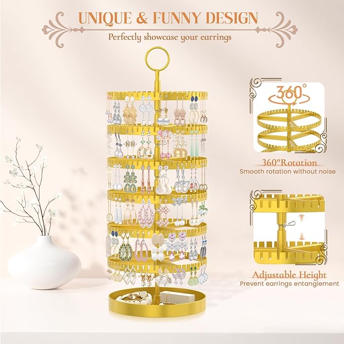 iDavosic.ly 6 Tier Rotating Earring Holder Organizer with Metal Tray, Adjustable Plastic Dangle Display Stands Tree with 342 Grooves, Large Hoop Storage Rack Tower, Gold