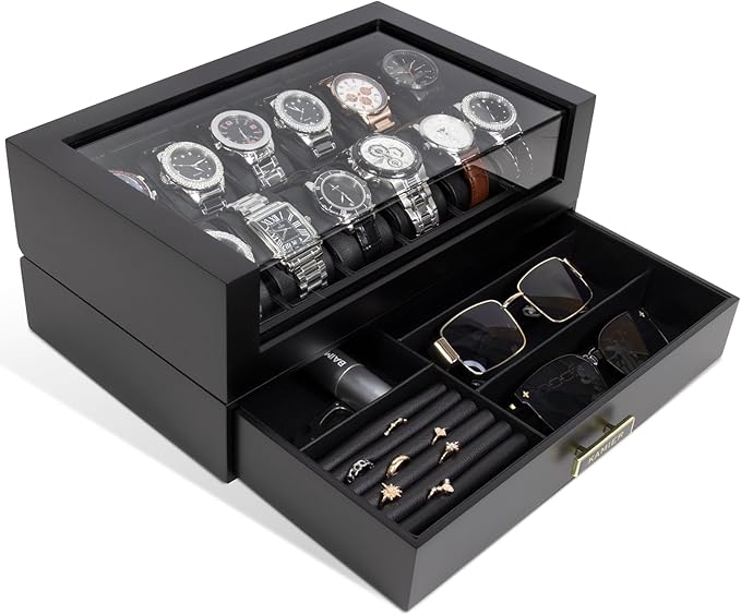High End Watch Box for Men, 12 Slot Wooden Watch Case With Drawer, Watch Display Box with Glass Lid, 2-Layer Watch Holder for Jewelry and Watch Storage for Men Women , Ideal for Gift (With Gift Box)