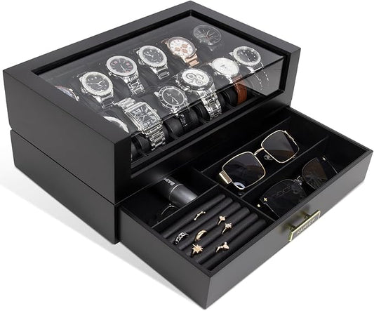 High End Watch Box for Men, 12 Slot Wooden Watch Case With Drawer, Watch Display Box with Glass Lid, 2-Layer Watch Holder for Jewelry and Watch Storage for Men Women , Ideal for Gift (With Gift Box)