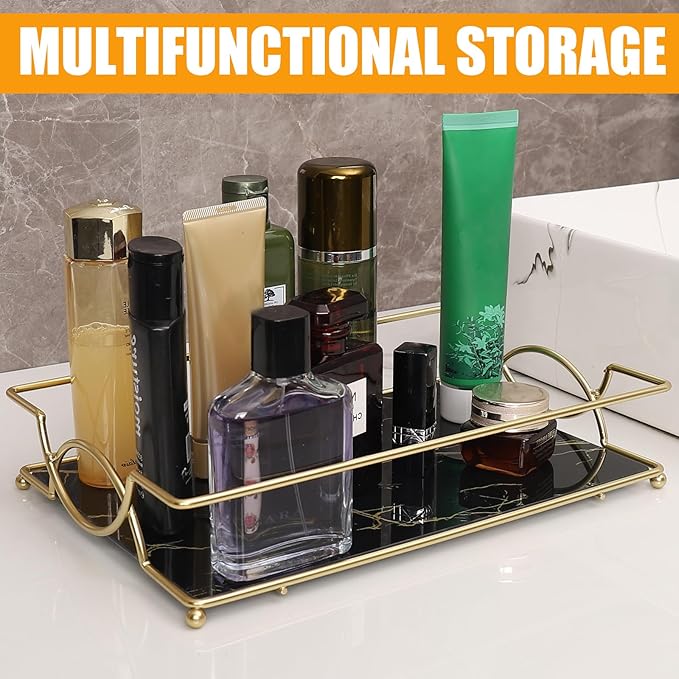 Vanity Tray Luxury Bathroom Counter Tray Glass Perfume Organizer Holder Cosmetics Makeup Skincare Display Decorative Vanity Trays for Bathroom Dresser Bedroom (Black Gold, L)