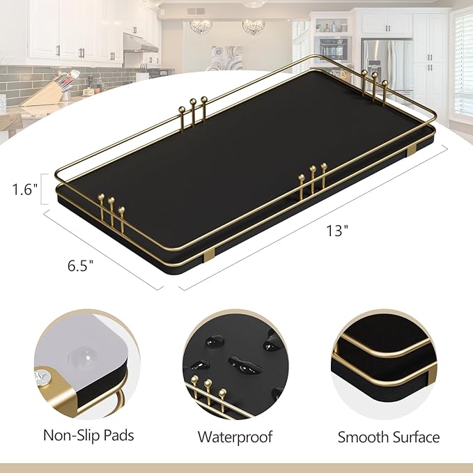 Toilet Paper Basket, Bathroom Basket for Counter Toiletries Towel Decor, Toilet Tank Tray, Guest Back of Toilet Organizer Storage, Vanity Tray for Perfume Makeup, Kitchen 13”x6.5” Black-Gold