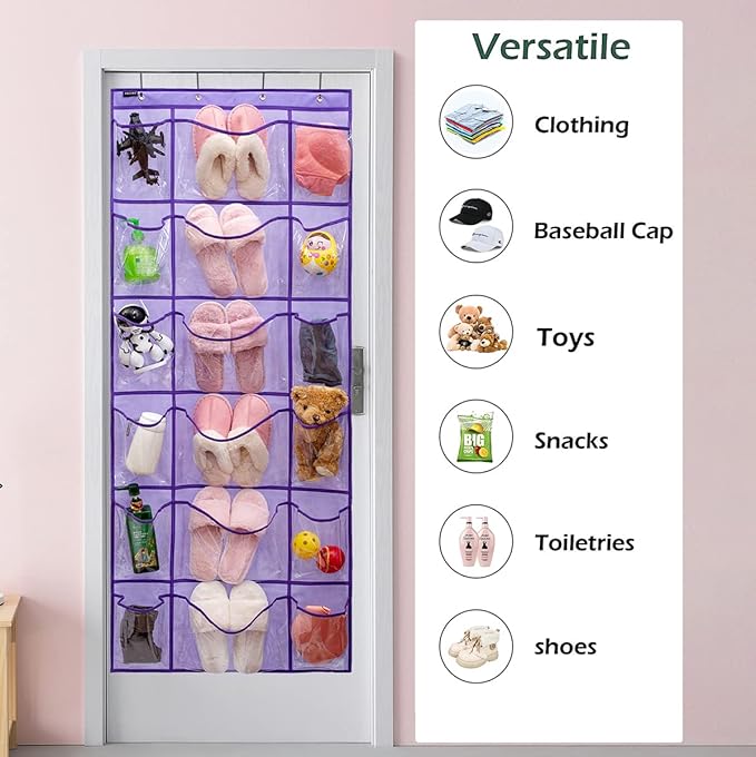 Over The Door Hanging Shoe Rack Organizer 18 Pockets Organizer with 6 Extra Large Clear Pockets for Shoe Holder Storage (18 Pockets-Purple)