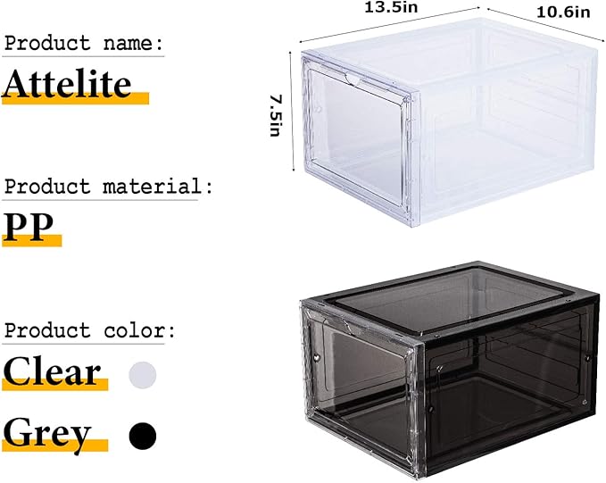 Attelite Clear Shoe Box,Set of 8,Stackable Plastic Shoe Storage Box with Clear Door Drop Front For Display Sneakers,Easy Assembly,Fit up to US Size 14,Black