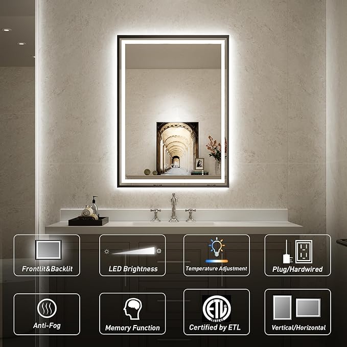 48x30 Inch LED Bathroom Mirror with Lights,Frontlit & Backlit Black Metal Frame Mirror,Wall Mounted Lighted Vanity Mirrors,Double Lights Strips,Anti Fog Dimmable & 3000K-6000K