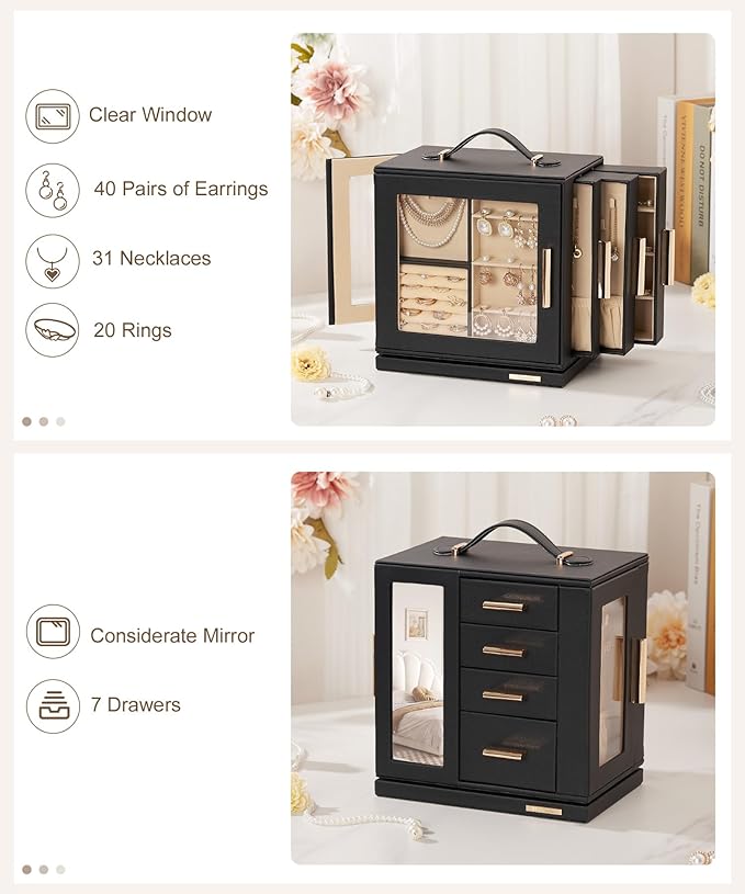 Homde Valentine's Day gifts Jewelry Box 360° Rotating, Necklace Earring Organizer with Transparent Window, Mirror, 7 Drawers, Large Ring Display Storage Case for Girls Women (Black)