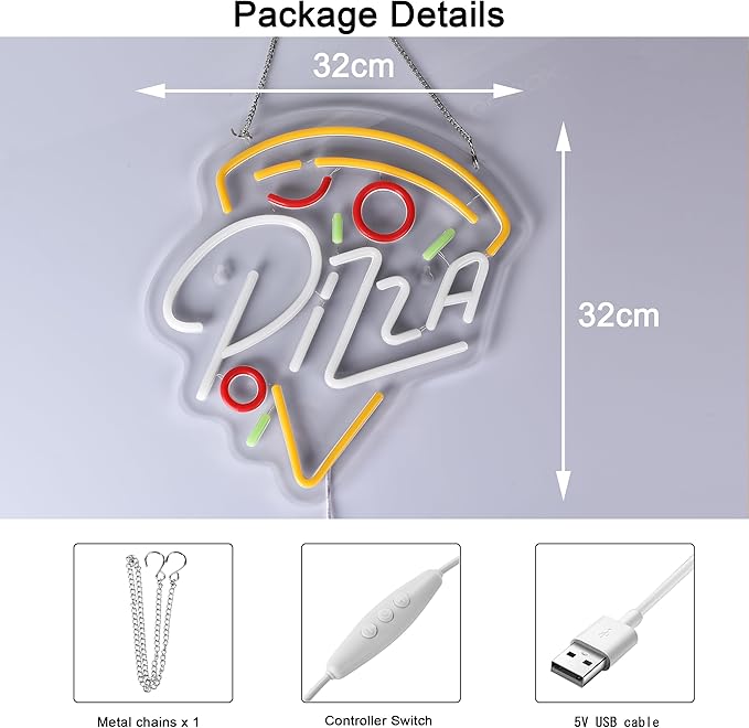 Pizza Neon Sign for Pizzeria Wall Decor 13" x 12.6" Pizza Shaped LED Light up Sign USB Powered for Kitchen Shop Restaurant Bar Party Decoration