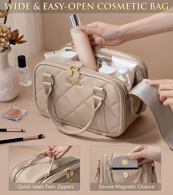 Travel Makeup Bag, Large Capacity Quilted Toiletry Bag for Women Stand-up Cosmetic Bag Open Flat Make Up Case Organizer Portable Pouch Purse w/Handle for Traveling Accessories, Camel