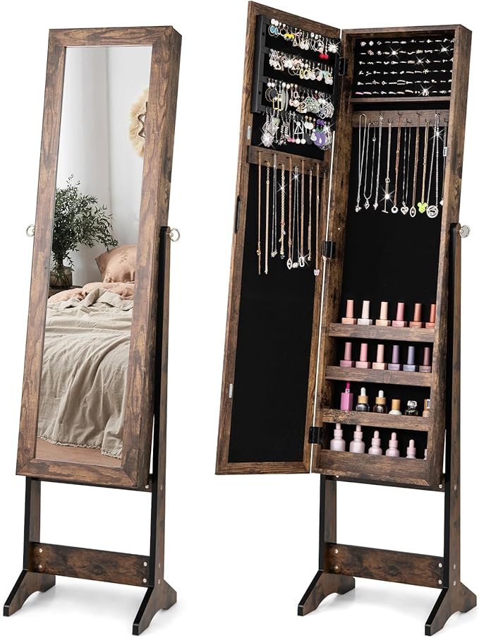 COSTWAY Jewelry Armoire Cabinet, Standing Jewelry Organizer with Full-length Mirror & 3 Adjustable Angles, Large Storage Capacity Jewelry Cabinet for Bedroom, Dressing Room (Brown)