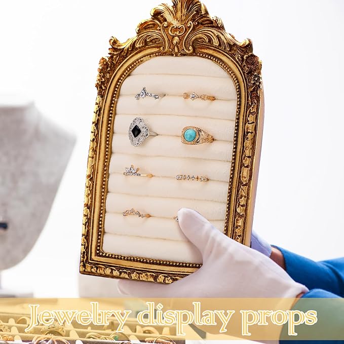 Vintage Ring Holder Arch Gold Ring Wedding Display Suede Jewelry Box Stand Frame Earring Tray Anniversary Engagement Baroque Organizer Photograph Prop for Women Birthday Christmas Gift