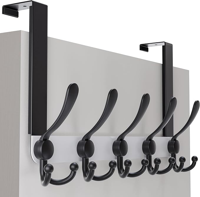 SKOLOO Over The Door Hook - for Doors up to 1-3/4'' Thickness, Metal Door Hanger with 5 Triple Hooks, Black on White Over The Door Hanger for Coats, Hats, Towels, Assembly Required