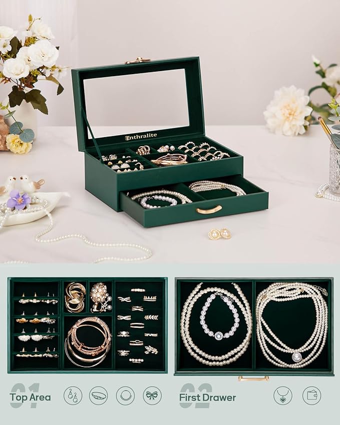 Jewelry Box with 1 Drawers: Display Organizer for Earrings Necklaces - Christmas Gifts for Girls Women (Forest Green)
