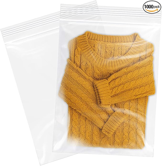 12" x 18"(1000 Count) Large Zip Plastic Poly Bags - 2 Mil Clear Reclosable Zipper Bags for Prints, Photos, Documents, Clothing, T-Shirt, Storage