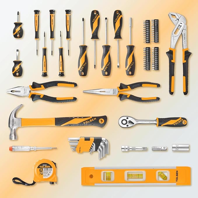 TOLSEN 89-Piece Tool Set Household Tool Kit, Hammer, Screwdrivers, Drill Bits, Socket Wrench, Hex Key, Tape Measure, Plastic Toolbox Storage Case