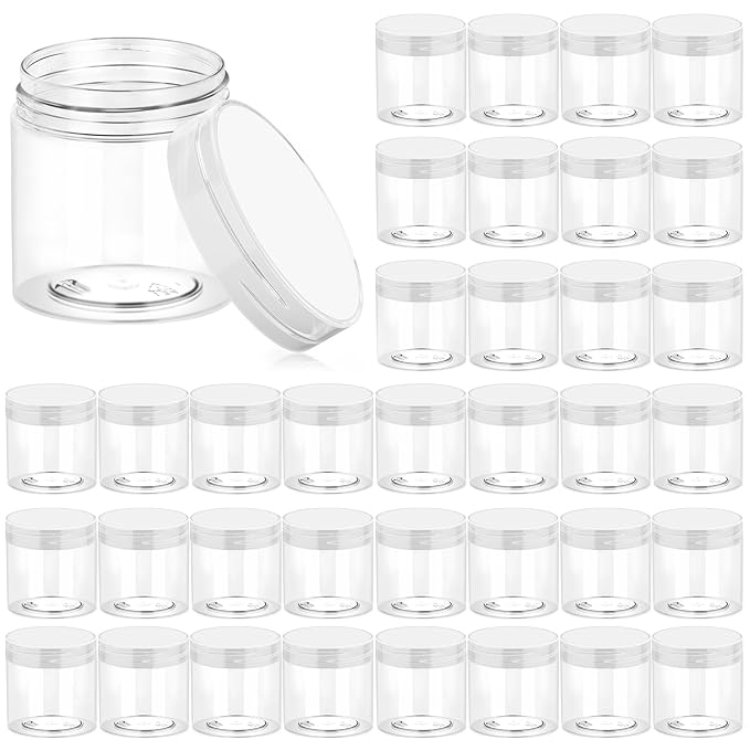Eternal Moment 36 Pack 4 OZ Plastic Jars Round Clear Cosmetic Container Jars with Clear Lids, Perfect for Lotion, Slime，Cream, Ointments, Makeup, Eye Shadow, Samples, Pot, Travel Storage