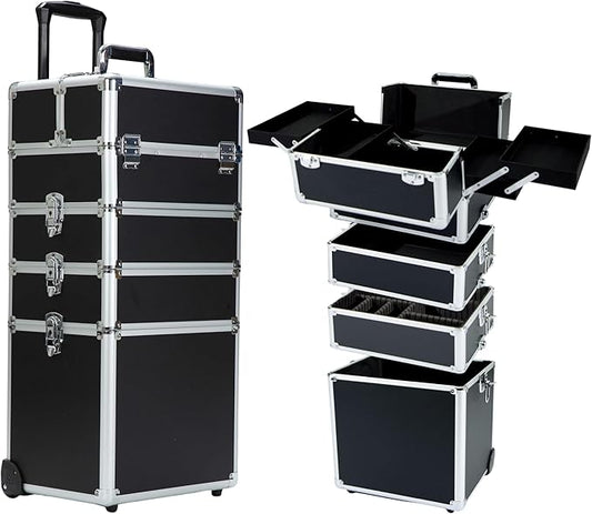 Makeup Rolling Train Case - Professional Cosmetics Organizer with Aluminum Frame, Folding Trays & Wheels, Portable for Travel & Studio (Black)