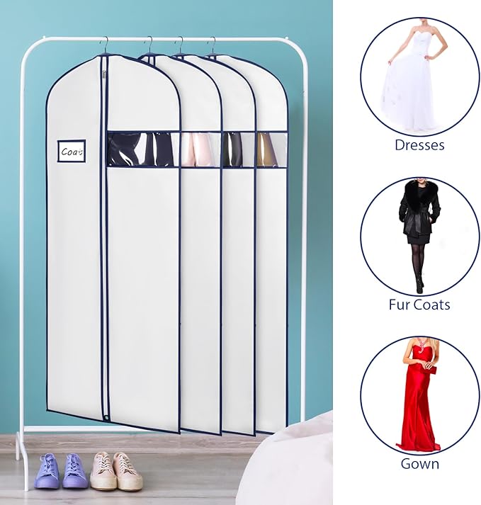 Syeeiex 60'' Garment Bags, Set of 8 Dress Bag for Gown, Garment Bags for Hanging Clothes,Garment Bag for Dresses Long,Dress Garment Bag for Gown,Evening Dresses,Fur Coat,Long Dress(White & Dark Blue)