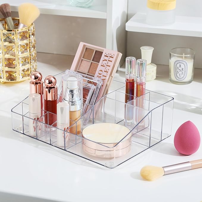 Vtopmart 1 Tier Clear Makeup Organizer with Drawer, Cosmetic Storage for Dresser Countertop and Bathroom Vanity, Beauty Holder for Lipstick Brush Skincare