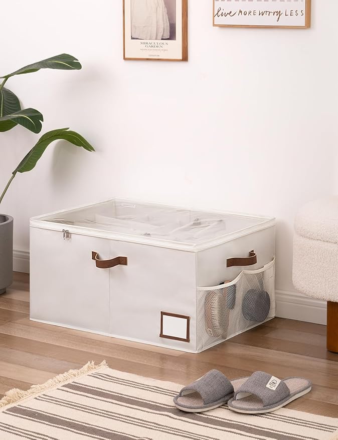 StorageWorks Shoe Organizer for Closet, Fits up to 20 Pairs, Shoe Cubby Storage Containers with Side Mesh Pocket and Clear Cover, Beige