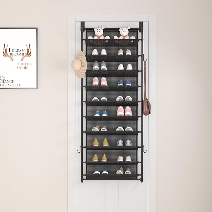 10 Tier Shoe rack Hanging Shoe Storage the door shoe rack for Closet Pantry Over The Door Shoe Organizer Wall Floating Shelves (Black, 10 Tier)