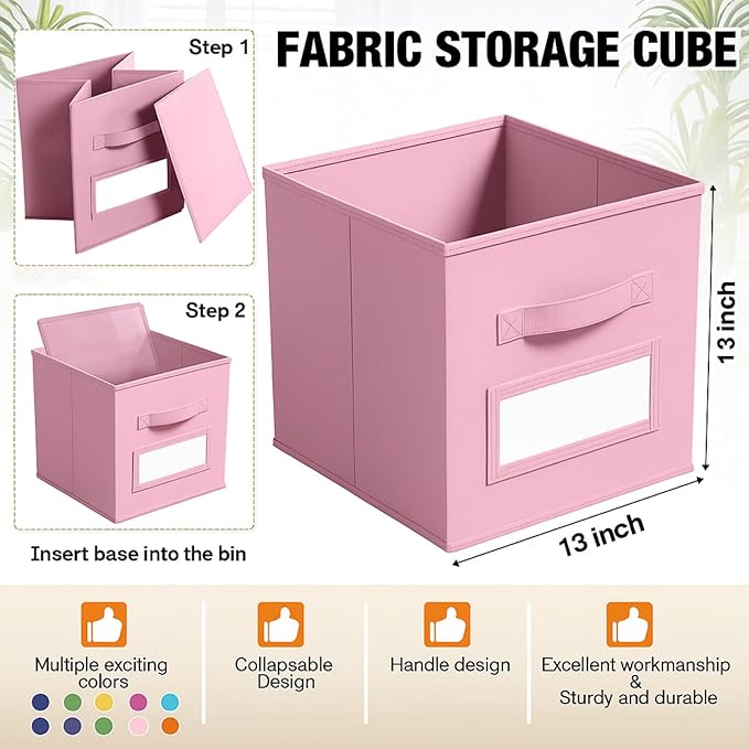 10 Pcs Fabric Storage Cubes with Labels 13 Inch Collapsible Cube Organizer Baskets with Window Cards for Shelf Nursery Clothes Book Toys Storage Bin(Candy)