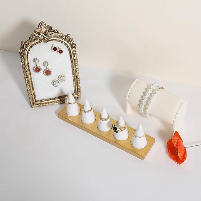 GemeShou Jewelry ring display holder for selling, velvet ring cone display stand, cute cone shaped ring holder with golden coated base,Large jewelry ring storage organizer【Ring holder-white 5 cone】
