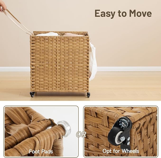 Laundry Hamper with Wheels, 39.6 Gallon(150L) Rolling Laundry Basket with Lid, Removable Large 2 Color Liners & 3 Mesh Laundry Bags, Clothes Hamper with Side Pocket, Natural