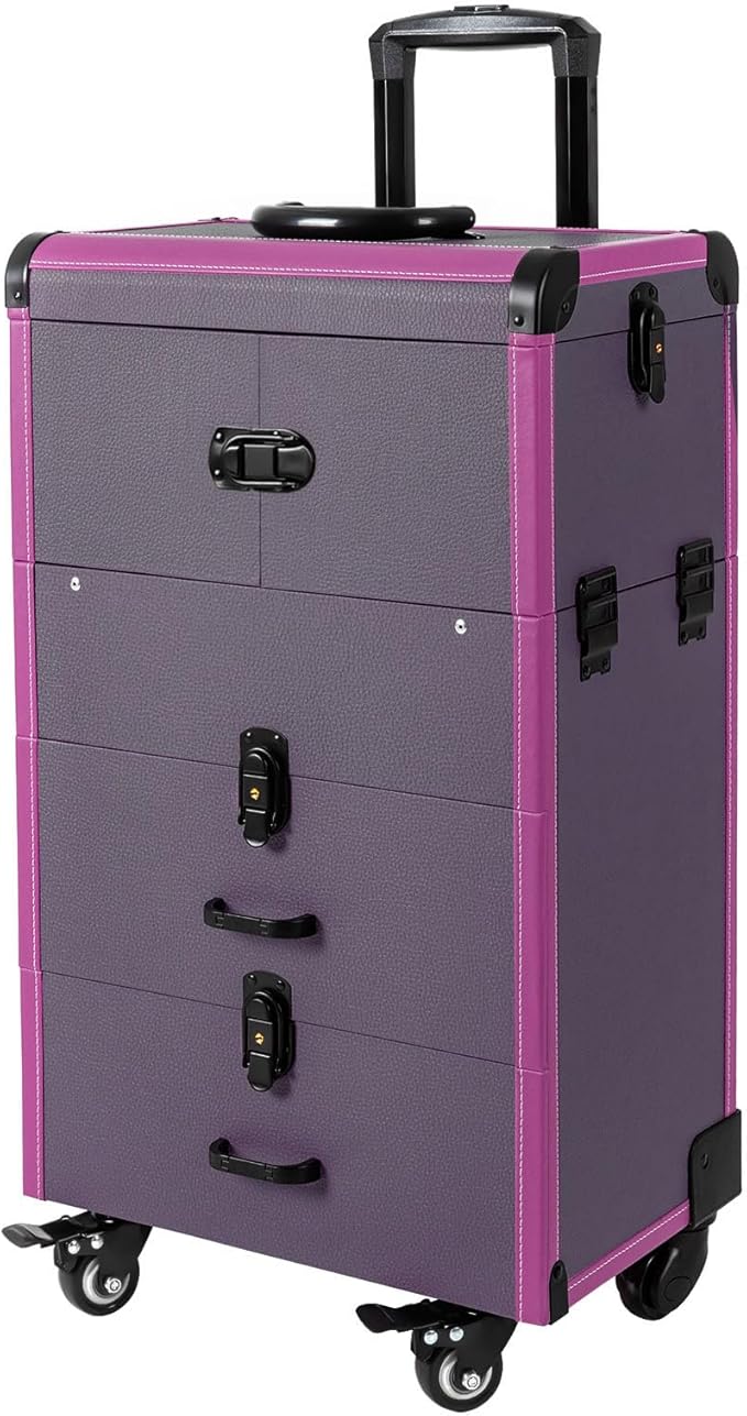 Rolling Makeup Train Case with Wheels and Mirror, Lockable Portable Cosmetic Organizer Trolley, Large Make up Cosmetic Orgainzer, Pro Makeup Artists Multifunction Cosmetics Trolley Train Case (Purple)