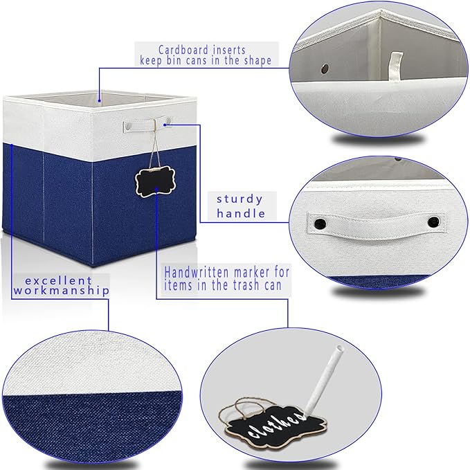 11 x 11 storage cubes,Set of 4 Collapsible Fabric Storage Cubes with Labels,Linen Cube Storage Organizer Bins Kallax Storage Cubes for Organizing Home,Shelves,Nursery Toys,Clothes(White Blue).
