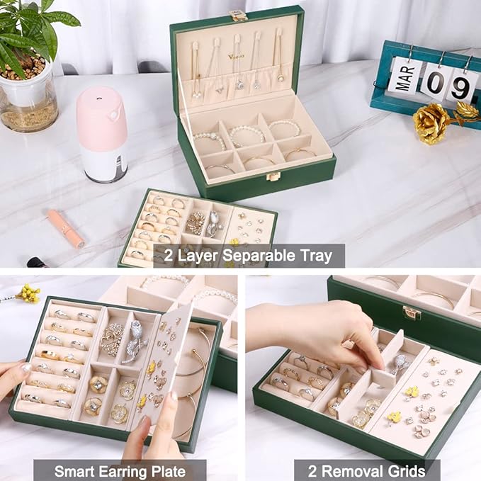 Voova Jewelry Box Organizer for Women Girls, 2 Layer Large Men Jewelry Storage Case, PU Leather Display Jewellery Holder with Removable Tray for Necklace Earrings Rings Bracelets, Blackish Green