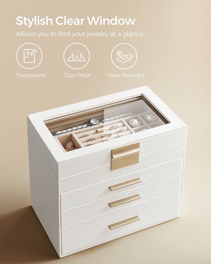 SONGMICS Jewelry Box Organizer with Glass Lid, 4-Layer Jewelry Storage, with 3 Drawers, Modern Style, 6 x 9.9 x 8.5 Inches, Cloud White and Gold Color UJBC161W01