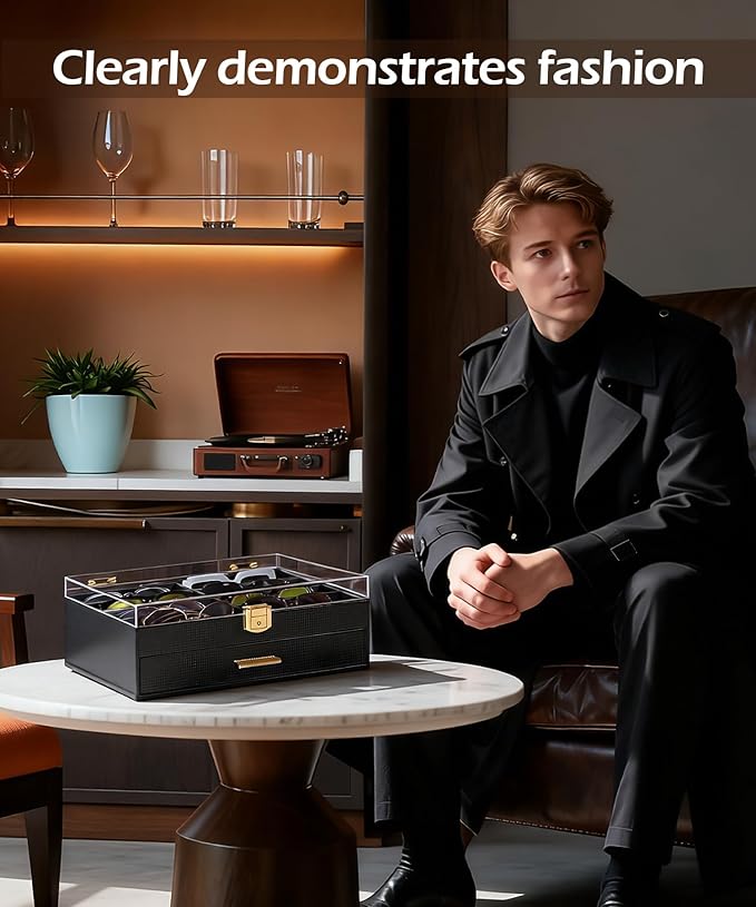 Homde Sunglasses Case Carbon Fibre: Large Organizer for Men Bedroom Dresser - Acrylic Clear Display Holder for Glasses & Jewelry