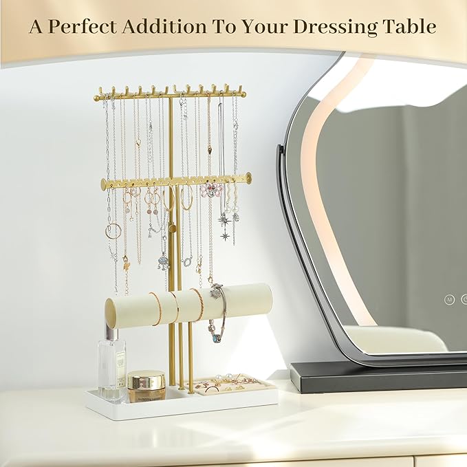 Tirzah 3-Tier Adjustable Jewelry Holder Organizer Stand with 20 Necklace Hooks, 18 Earring Holes and Notches, Bracelet Holder, 6 Ring Rolls, Jewelry Tray for Girls, Women