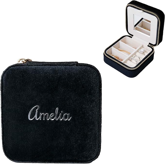 Customizable Compact Velvet Jewelry Box with Mirror, Travel Jewelry Case, Travel Jewelry Organizer, Jewelry Box for Women and Girls, Small Jewelry Organizer (Center Text, Black)