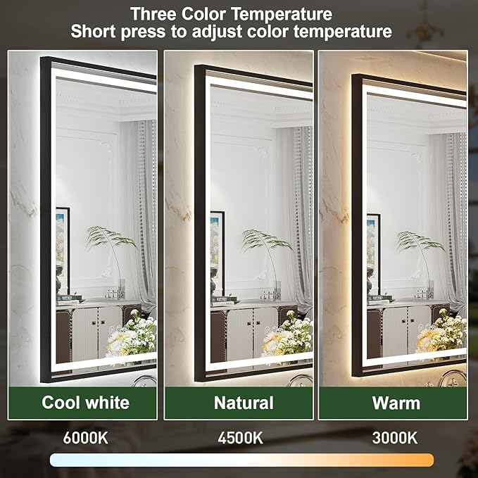 24x32 Inch LED Bathroom Mirror with Lights, Frontlit & Backlit Black Metal Frame Mirror, Wall Mounted Lighted Vanity Mirrors, Double Lights Strips,Anti Fog Dimmable & 3 Colors Temperature