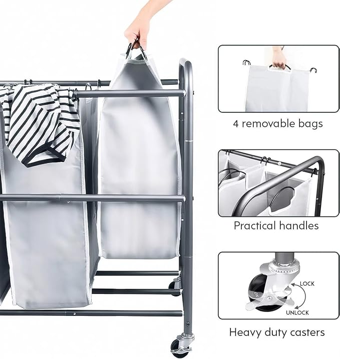 ROMOON Laundry Hamper Sorter Cart: 4-Section Organizer with Heavy-Duty Lockable Wheels and Removable Bags | 172L Rolling Laundry Basket for Dirty Clothes in Laundry Room or Small Spaces (Gray)