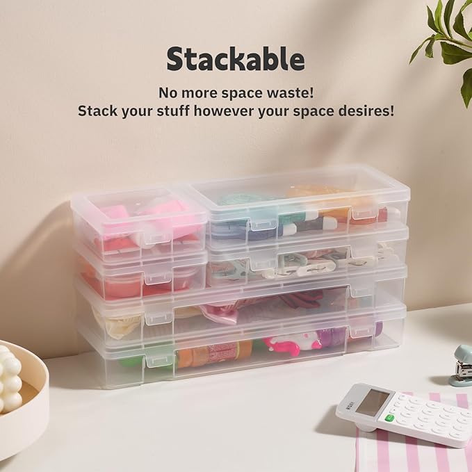 novelinks Plastic Clear Storage Containers for Organizing, Craft Storage Organizers and Stackable Storage Bins with Lids for Pencil Box, Bead, Cookie Cutter, Board Game (2 Small + 2 Medium + 2 Large)