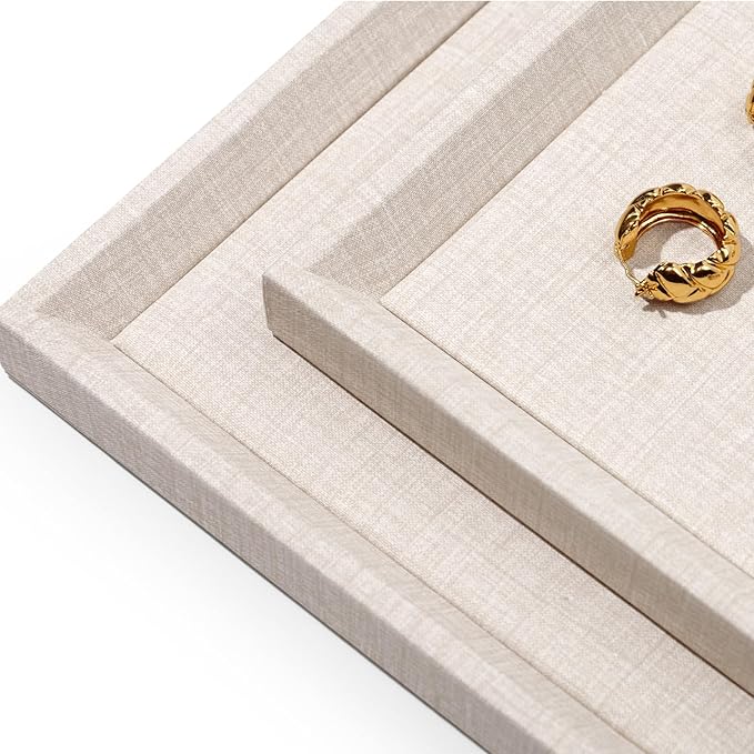 Leather Jewelry Tray Stackable Jewelry Drawer Organizer Display Tray With Linen Texture For Necklace Bracelet Watch Pendant Display Showcase(Large)