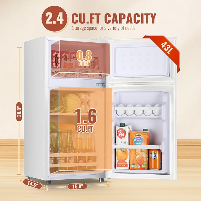 Small Refrigerator Mini Fridge with Double Doors & Separate Freezer & 7 Adjustable Temperature Control, Tiny Size & Personal Fridge Ideal for Office Apartment Dorm White