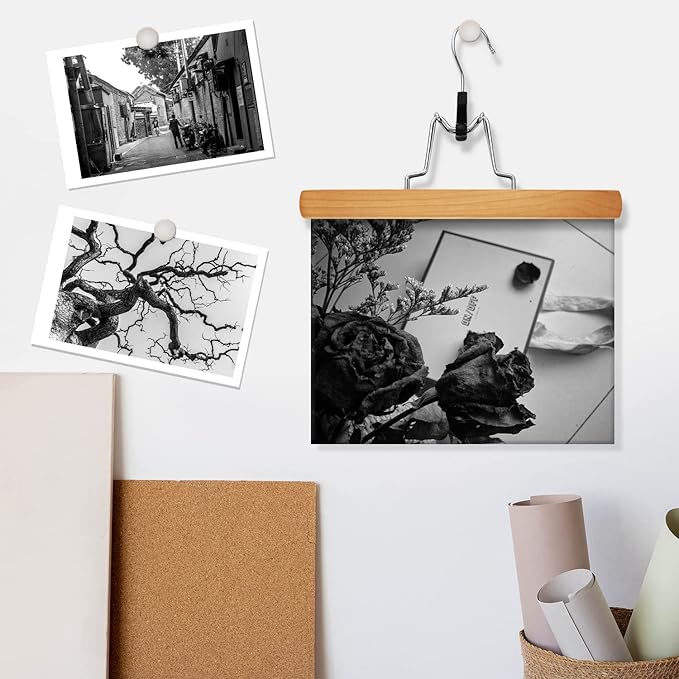 AMKUFO 12 Pack Natural Wooden Pants Hangers with Clips Non Slip Skirt Hangers Trouser Clamp Hanger Solid Wood Hanger with 360° Swivel Hook