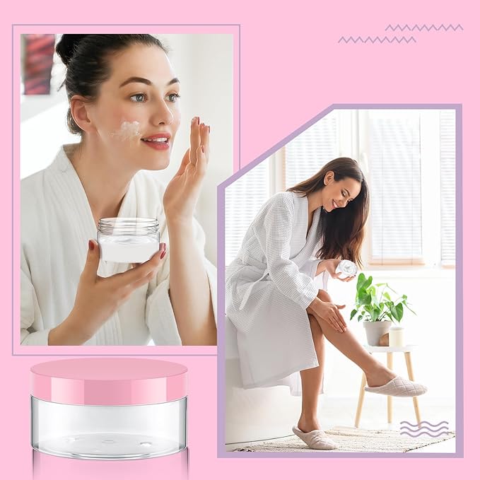 Dandat 24 Pcs 4 oz Plastic Jar Container with Lid and Label Refillable Empty Round Clear with Pink Pet Cosmetic Sample Slime Containers for Lotion, Cream, Ointments, Body Butter, Makeup Travel Storage