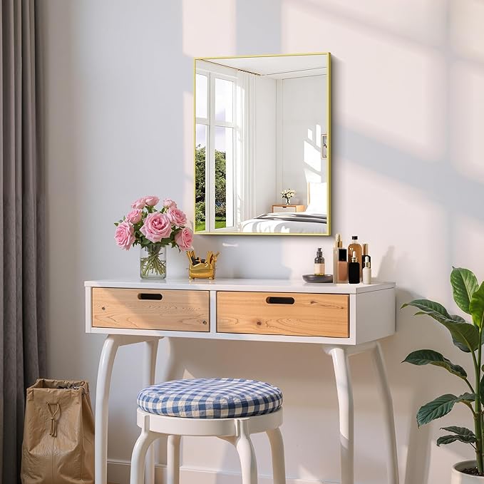 Gold Bathroom Mirror for Wall, 18x24 Inch Rectangle Mirror with Metal Frame, Modern Vanity Mirrors for Bathroom Living Room, Entryway Hangs Horizontal or Vertical