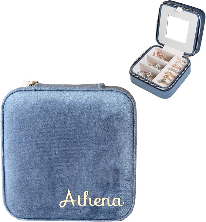 Customizable Compact Velvet Jewelry Box with Mirror, Travel Jewelry Case, Travel Jewelry Organizer, Jewelry Box for Women and Girls, Small Jewelry Organizer (Bottom Right Text, Coral Blue)