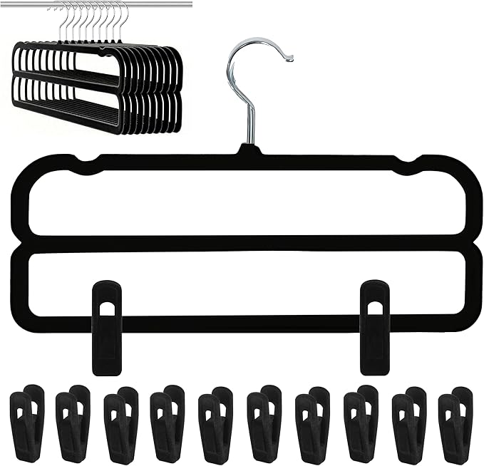 Velvet Pants Hangers with Double Non Slip Bar - with Adjustable Clips- Thin Space Saving Clothes Hanger - 360° Swivel Felt Trouser Hanger Perchas Terciopelo 10 Pack (Black)