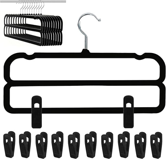 Velvet Pants Hangers with Double Non Slip Bar - with Adjustable Clips- Thin Space Saving Clothes Hanger - 360° Swivel Felt Trouser Hanger Perchas Terciopelo 10 Pack (Black)