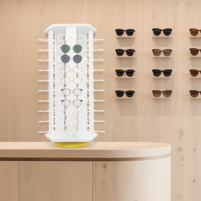 50 Pairs Glasses Rack, 360° Rotating Sunglasses Display Rack, 5-Sided Eyeglasses Storage Organizer, Eyewear Holder, Commercial Sunglasses Display Stand, White