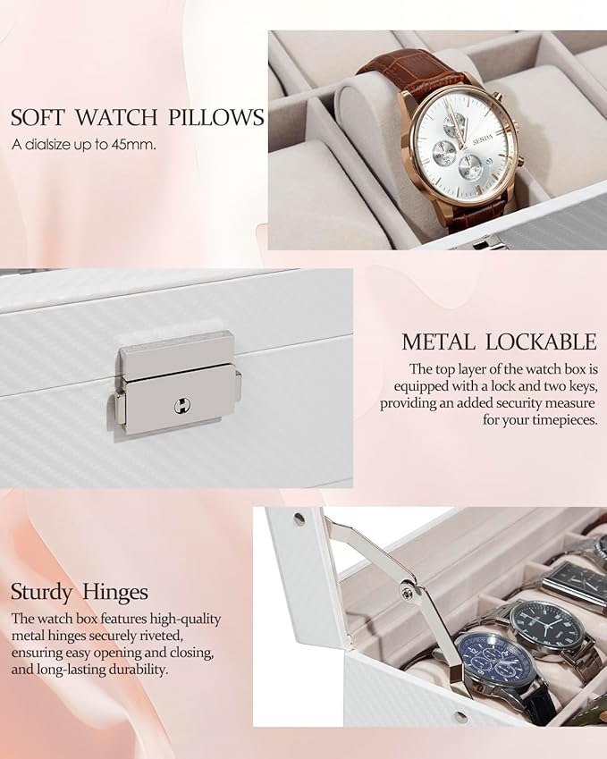 GUKA Watch Box, 12 Slot Watch Case, Watch Cases for men with Real Glass Lid, Synthetic Leather Watch Organizer storage with Jewelry Case, Birthday for Men and Women, White, GK-012-WTC