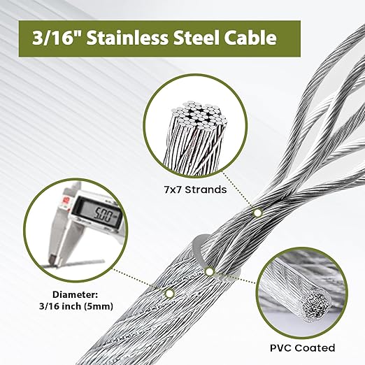 TooTaci 3/16 Wire Rope Kit, 200ft Vinyl Coated Stainless Steel Cable(1/8 Steel Core Overmolded to 3/16 Coated Cable), M6 Turnbuckles for Cables Wire, String Light Hanging, Deck Railing, Shade Sail