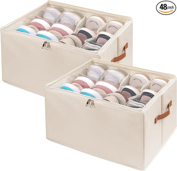 Shoe Organizer for Closet 2 PCS Foldable Shoe Storage Organizer with Clear Cover, Fits up to12 pairs Shoes Organizer Box Bin With Bottom Support (Beige)
