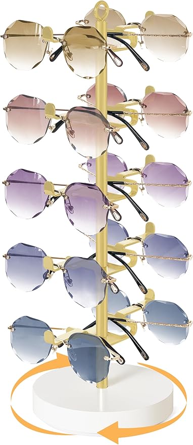 Mkono 360° Rotating Sunglasses Organizer Metal Eyeglass Holder Stand Sunglass Storage Display Eyeglasses Rack for up to 10 Pairs of Eyewear Glasses for Table Dresser Desk Countertop Bedroom, Gold